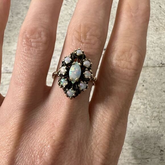 Vintage 10k Yellow Gold Opal Cabochon Marquise Cluster Ring - Picture 1 of 8